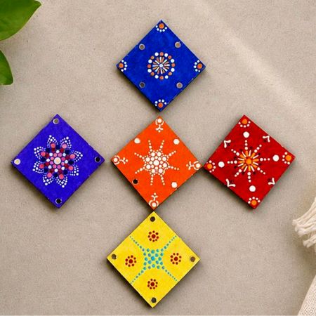 Handmade Dot Mandala Canvas MDF Fridge Magnets Set of 5
